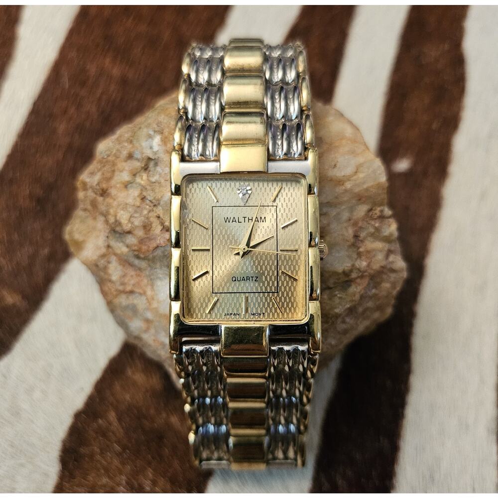 Vintage Waltham Watch XAX71 Diamond Gold Silver Tone Rectangular Dial Japan